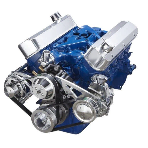 Ford 302 c.i. SB Compatible Front Accessory Drive - Dual-Belt Quick Serpentine w/ Alternator - Power Steering - Water Pump - Brackets and Bolts - Polished