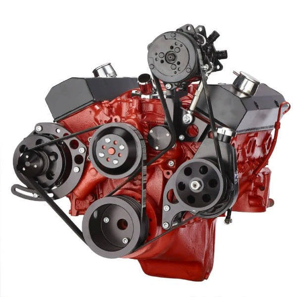 GM SB Compatible Front Accessory Drive - Dual-Belt Quick Serpentine with Alternator - AC - Power Steering - Water Pump - Brackets and Bolts - Black