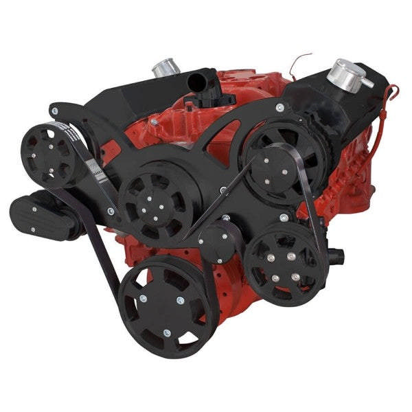 GM SB Compatible Front Accessory Drive - Full Serpentine - Alternator - Power Steering - Water Pump - Brackets - Bolts - Black