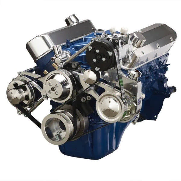 Ford 351 Windsor SB Compatible Front Accessory Drive - Dual-Belt Quick Serpentine - Alternator - AC - Power Steering - Water Pump - Brackets - Bolts - Polished
