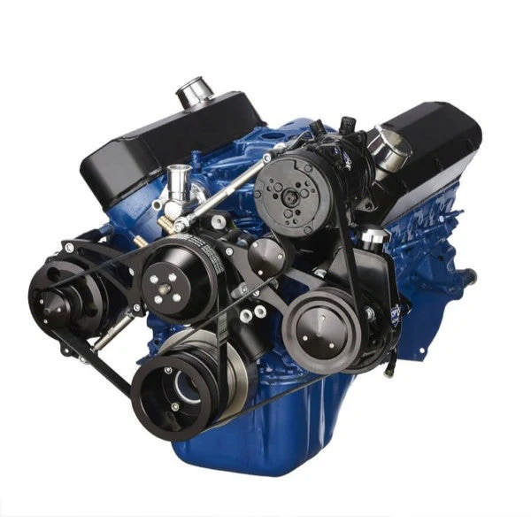 Ford 351 Windsor SB Compatible Front Accessory Drive - Dual-Belt Quick Serpentine - Alternator - AC - Power Steering - Water Pump - Brackets - Bolts - Black