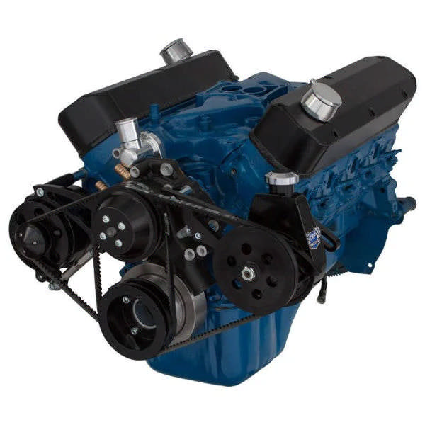 Ford 351 Windsor SB Compatible Front Accessory Drive - V-Belt - Alternator - Power Steering - Water Pump - Brackets - Bolts - Black