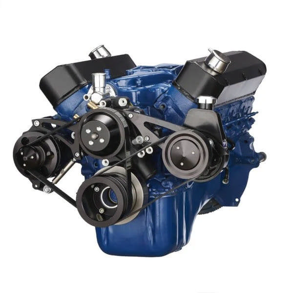 Ford 351 Windsor SB Compatible Front Accessory Drive - Dual-Belt Quick Serpentine - Alternator - Power Steering - Water Pump - Brackets - Bolts - Black