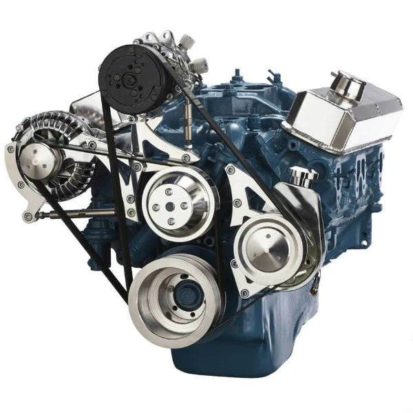 Chrysler SB Compatible Front Accessory Drive - Dual-Belt Quick Serpentine - Alternator - AC - Power Steering - Water Pump - Brackets - Bolts - Polished