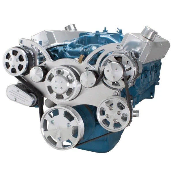 Chrysler SB Compatible Front Accessory Drive - Full Serpentine - Alternator - AC - Power Steering - Water Pump - Brackets - Bolts - Polished