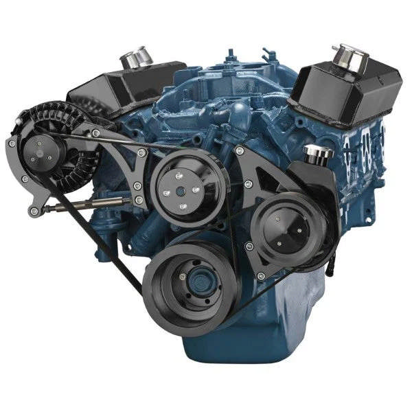 Chrysler SB Compatible Front Accessory Drive - Dual-Belt Quick Serpentine - Alternator - Power Steering - Water Pump - Brackets - Bolts - Black