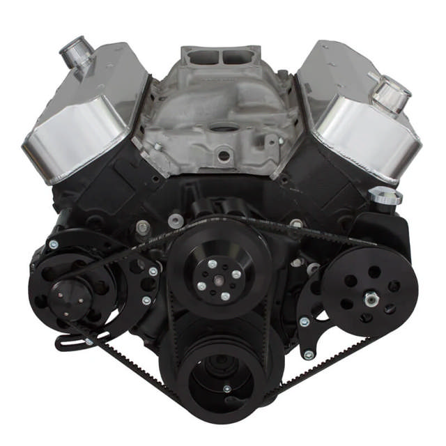 GM BB Standard Deck Compatible Front Accessory Drive - V-Belt - Alternator - Power Steering - Water Pump - Brackets - Bolts - Black