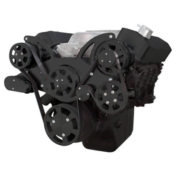 GM BB Standard and Tall Deck Compatible Front Accessory Drive - Full Serpentine - Alternator - Power Steering - Water Pump - Brackets - Bolts - Black