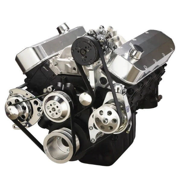 GM BB Standard Deck Compatible Front Accessory Drive - Dual-Belt Quick Serpentine - Alternator - AC - Power Steering - Water Pump - Brackets - Bolts - Polished