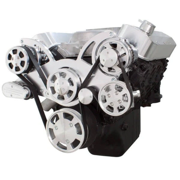 GM BB Standard and Tall Deck Compatible Front Accessory Drive - Full Serpentine - Alternator - AC - Power Steering - Water Pump - Brackets - Bolts - Polished