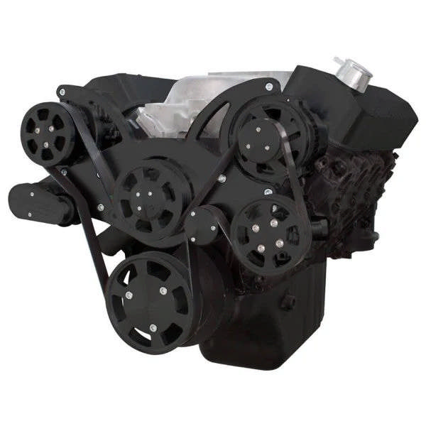 GM BB Standard and Tall Deck Compatible Front Accessory Drive - Full Serpentine - Alternator - AC - Power Steering - Water Pump - Brackets - Bolts - Black