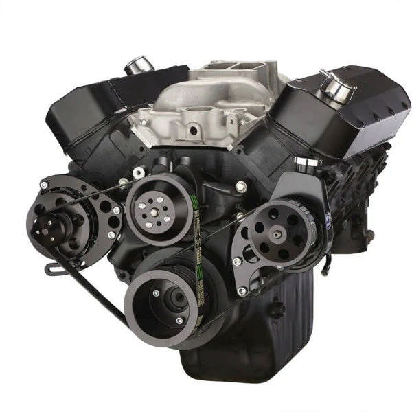 GM BB Tall Deck Compatible Front Accessory Drive - Dual-Belt Quick Serpentine - Alternator - Power Steering - Water Pump - Brackets - Bolts - Black