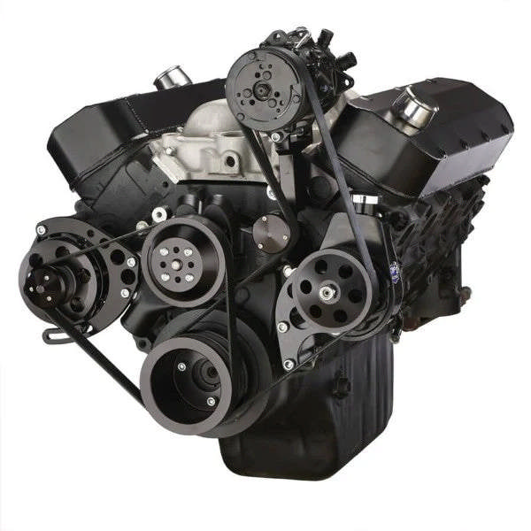 GM BB Tall Deck Compatible Front Accessory Drive - Dual-Belt Quick Serpentine - Alternator - AC - Power Steering - Water Pump - Brackets - Bolts - Black