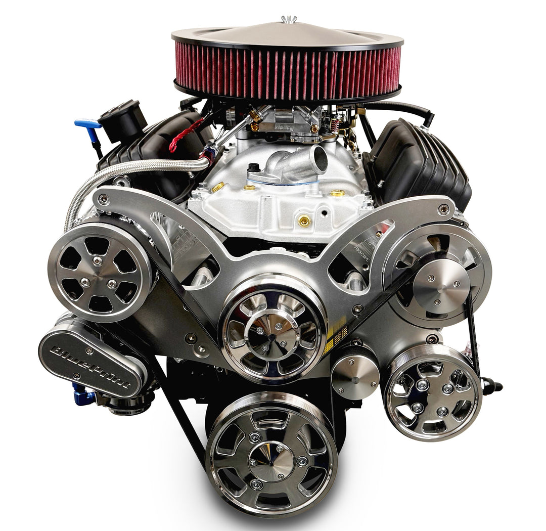 GM Small Block Compatible 383 c.i. Engine and TKX Manual Transmission - 436 Horsepower - Standard Edition Builder Series with Polished Pulley Kit - Carbureted