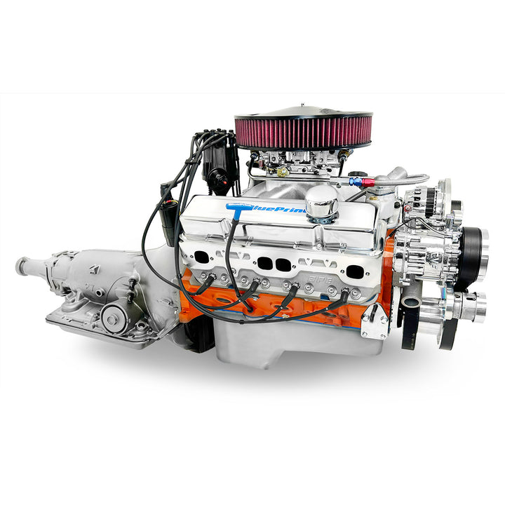 GM SB Compatible 454 c.i. Engine and 700R4 Automatic Transmission - 563 HP - Standard Edition Builder Series with Polished Pulley Kit - Carbureted