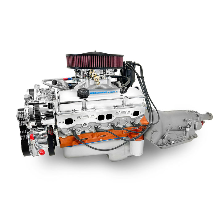 GM SB Compatible 454 c.i. Engine and 700R4 Automatic Transmission - 563 HP - Standard Edition Builder Series with Polished Pulley Kit - Carbureted