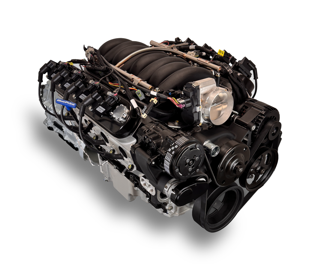 GM LS Compatible 376 c.i. Engine and ZF-8 Speed Automatic Transmission - 530 Horsepower - Standard Edition Builder Series - BluePrint Engines Calibrated ECU - Holley Mid Mount Black Pulley Kit