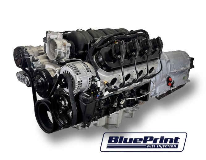 GM LS Compatible 376 c.i. Engine and ZF-8 Speed Automatic Transmission - 530 Horsepower - Standard Edition Builder Series - BluePrint Engines Calibrated ECU - Holley Mid Mount Natural Pulley Kit
