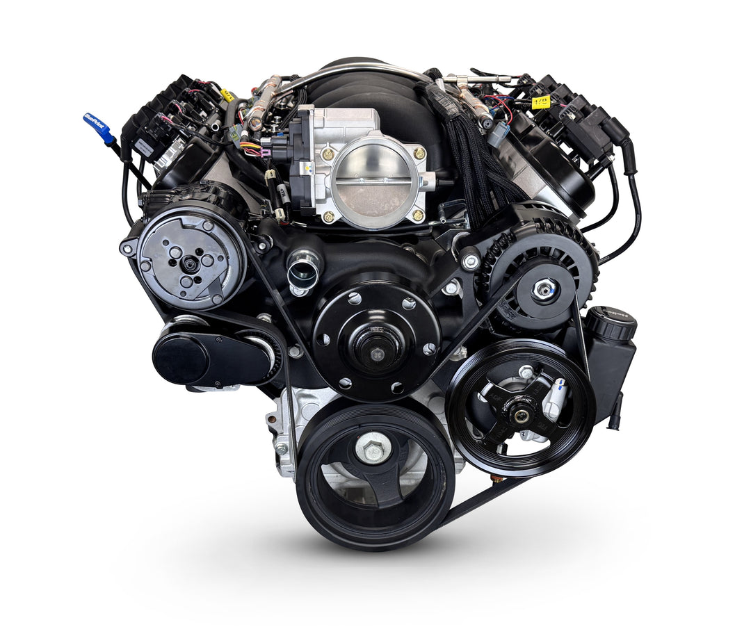 GM LS Compatible 376 c.i. Engine and T56 Manual Transmission - 530 Horsepower - Standard Edition Builder Series - Black Pulley Kit - Holley Terminator X EFI System