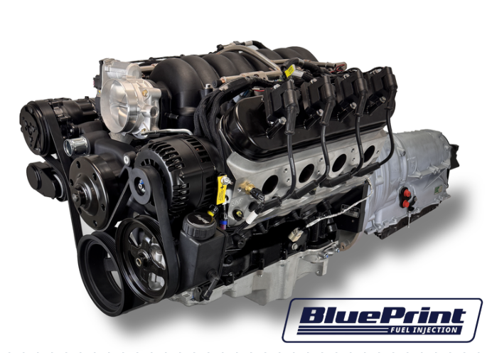 GM LS Compatible 376 c.i. Engine and ZF-8 Speed Automatic Transmission - 530 Horsepower - Standard Edition Builder Series - BluePrint Engines Calibrated ECU - Holley Mid Mount Black Pulley Kit
