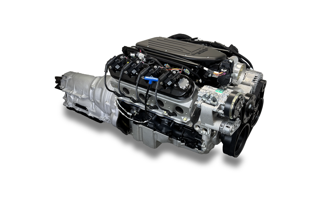 GM LS Compatible 376 c.i. Engine and ZF-8 Speed Automatic Transmission - 510 Horsepower - Standard Edition Builder Series - BluePrint Engines Calibrated ECU - Holley Mid Mount Natural Pulley Kit