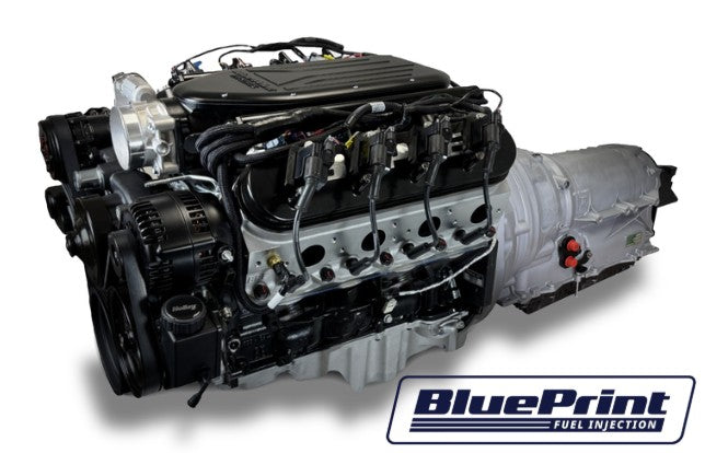 GM LS Compatible 376 c.i. Engine and ZF-8 Speed Automatic Transmission - 510 Horsepower - Standard Edition Builder Series - BluePrint Engines Calibrated ECU - Holley Mid Mount Black Pulley Kit
