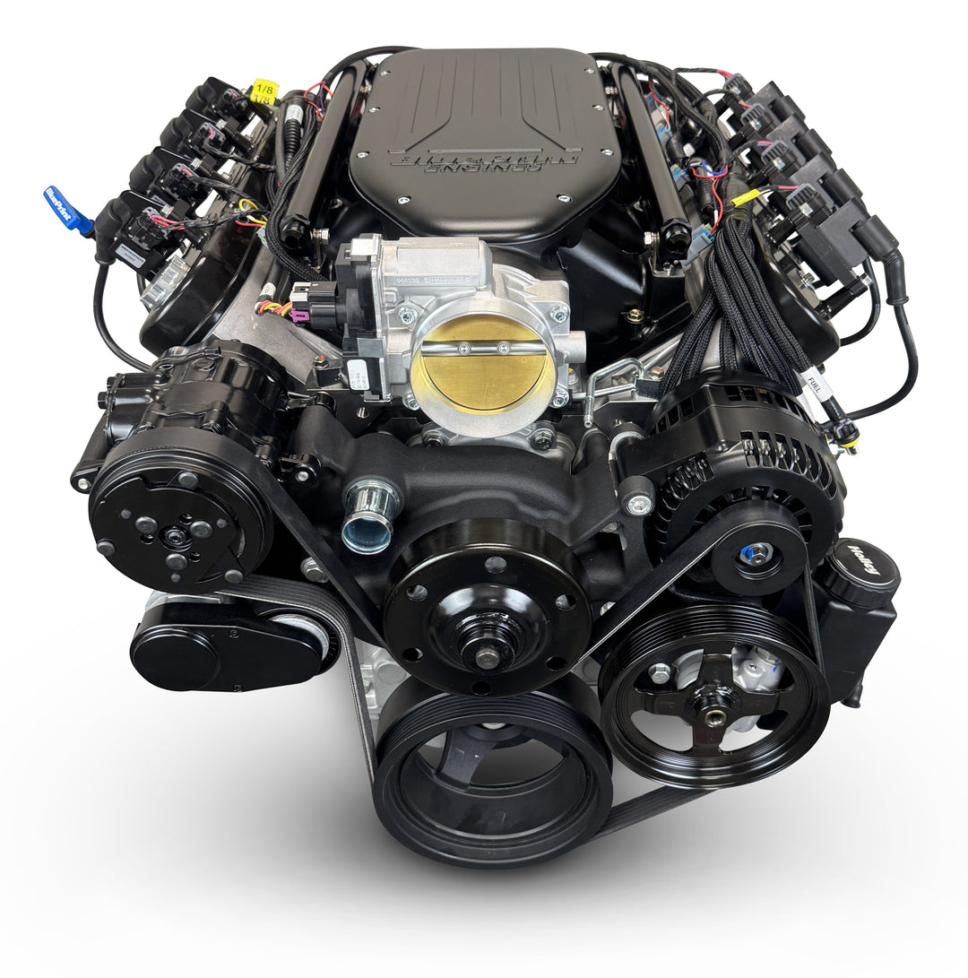 GM LS Compatible 427 c.i. Engine and T56 Manual Transmission - 585 Horsepower - Standard Edition Builder Series - Black Pulley Kit - Holley Terminator X EFI System