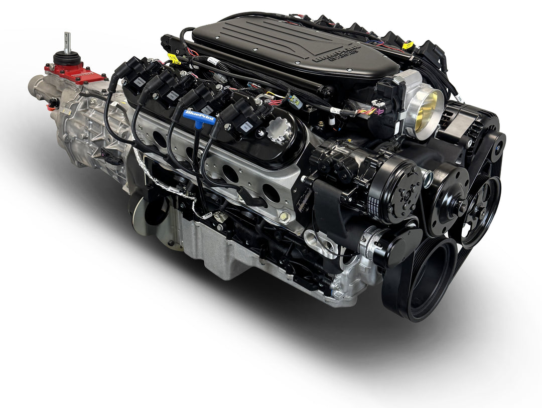 GM LS Compatible 427 c.i. Engine and T56 Manual Transmission - 585 Horsepower - Standard Edition Builder Series - Black Pulley Kit - Holley Terminator X EFI System