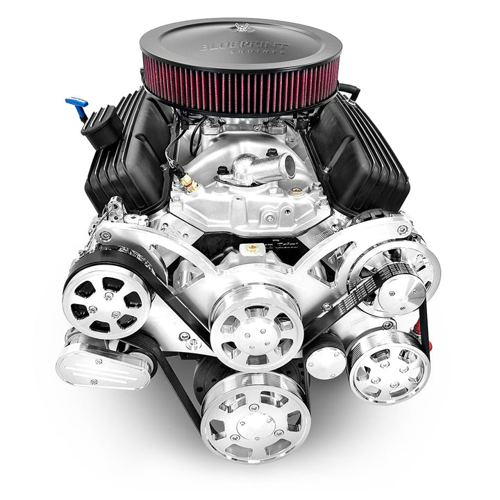 GM SB Compatible 383 c.i. Engine and TKX Manual Transmission - 436 HP - Standard Edition Builder Series with Polished Pulley Kit - Carbureted