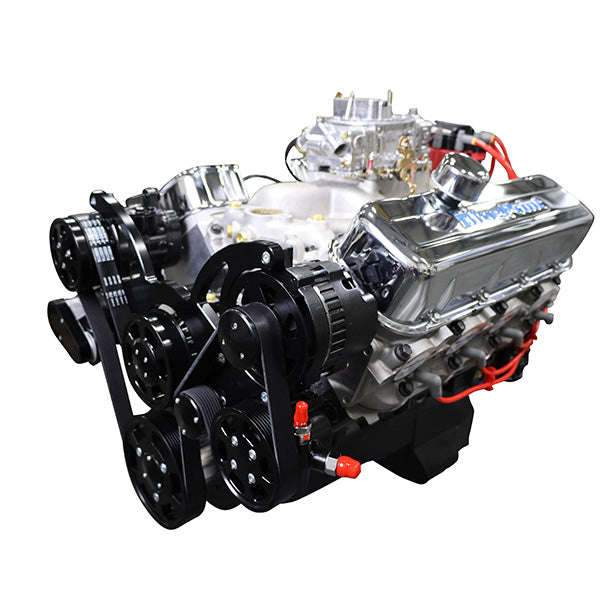 GM BB Compatible 496 c.i. Engine - 600 HP - Deluxe Dressed with Black Pulley Kit - Carbureted